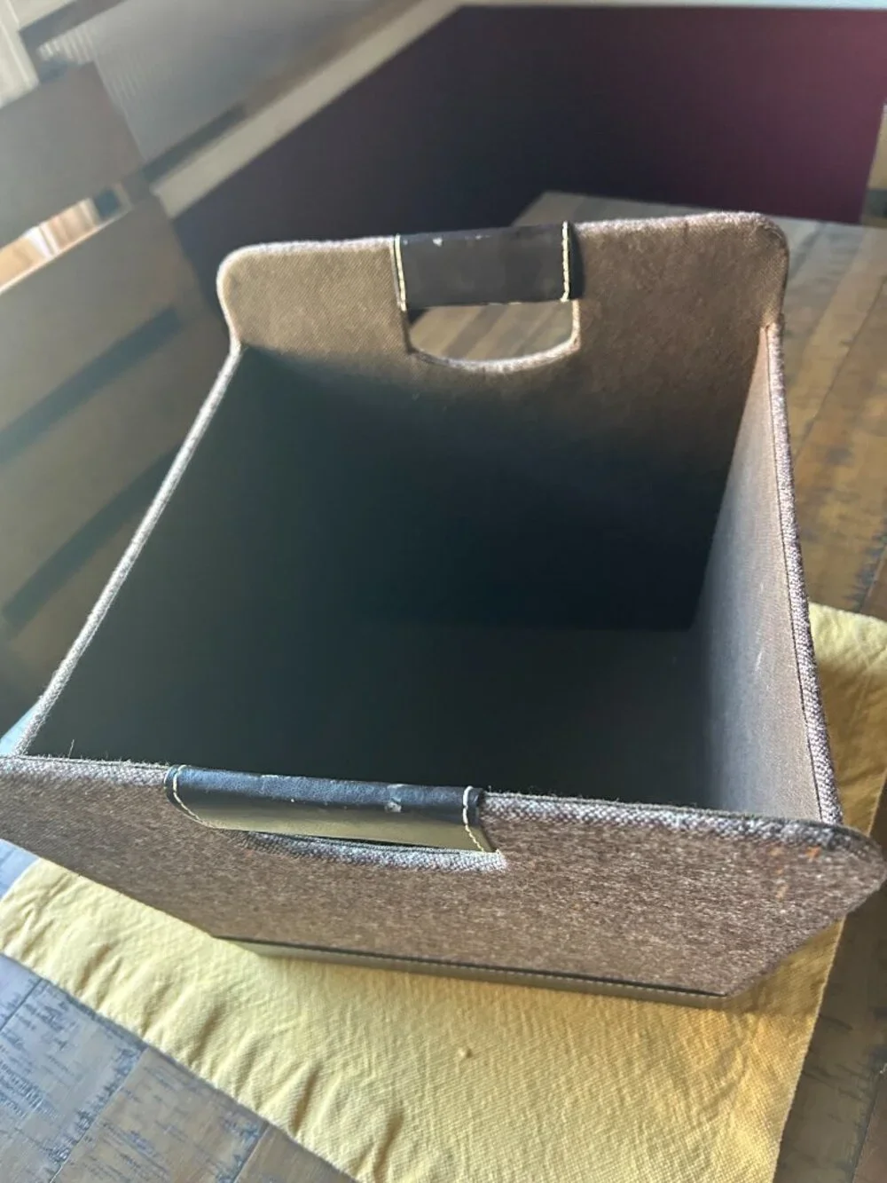 Tastefully Simple  Felt Storage basket   brown  leather   with brown and white f